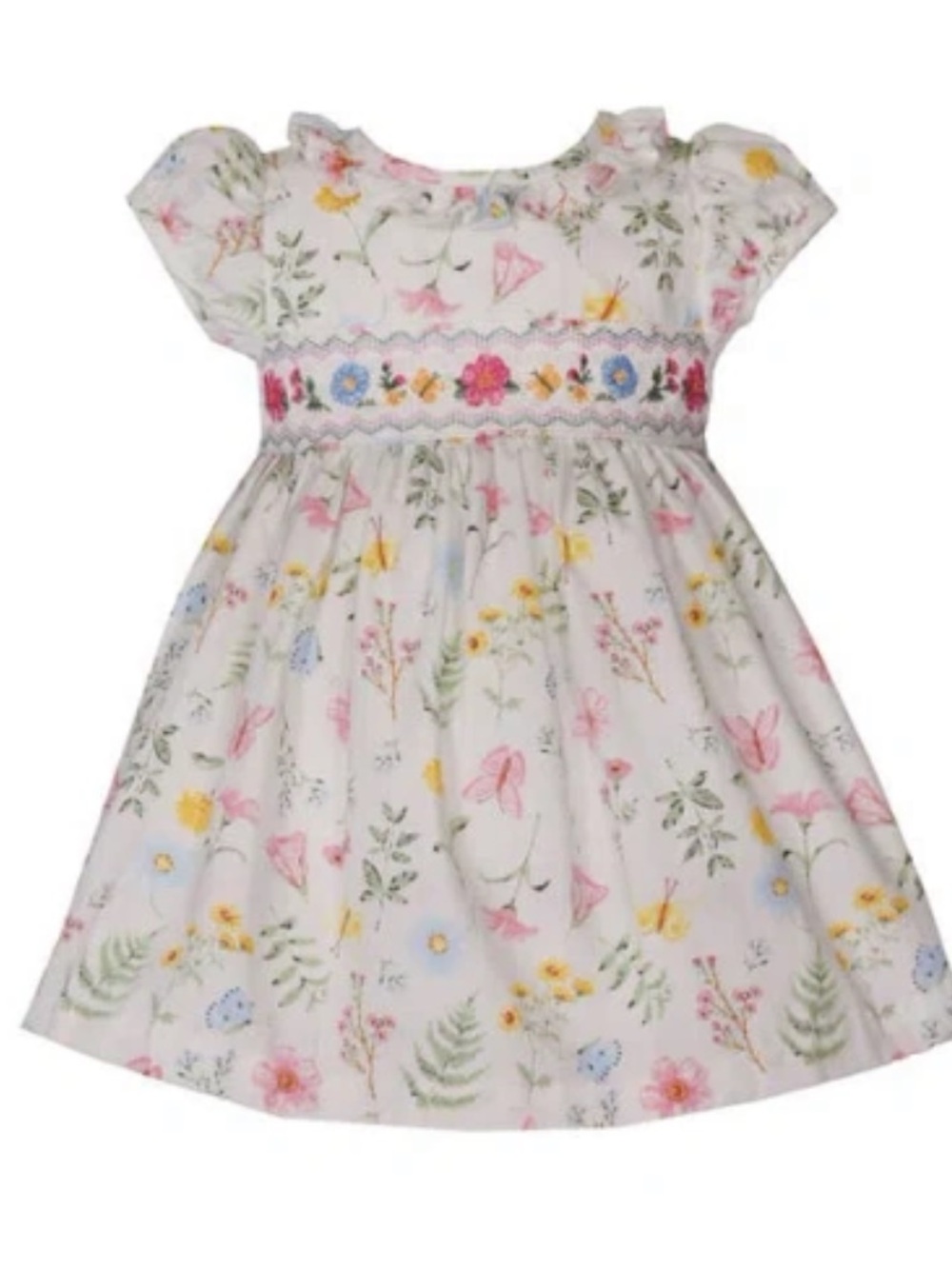 Iris & Ivy Girls White Floral Smocked Dress with Pastel Embroidery Garden Party